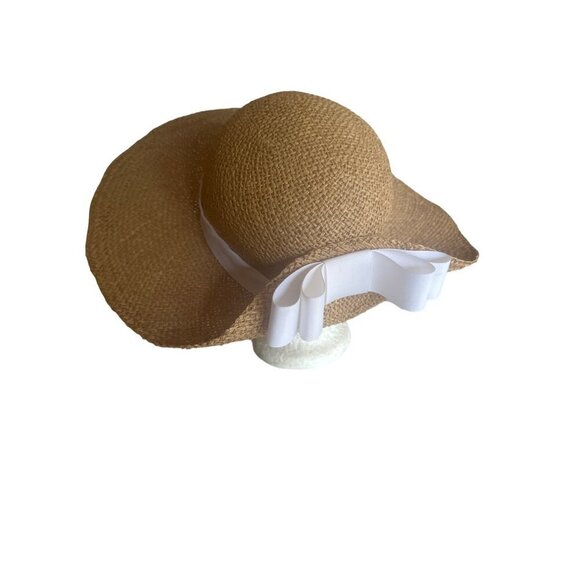Woven Natural Fiber Hat Ivory Ribbon Detail One Size - Picture 2 of 4